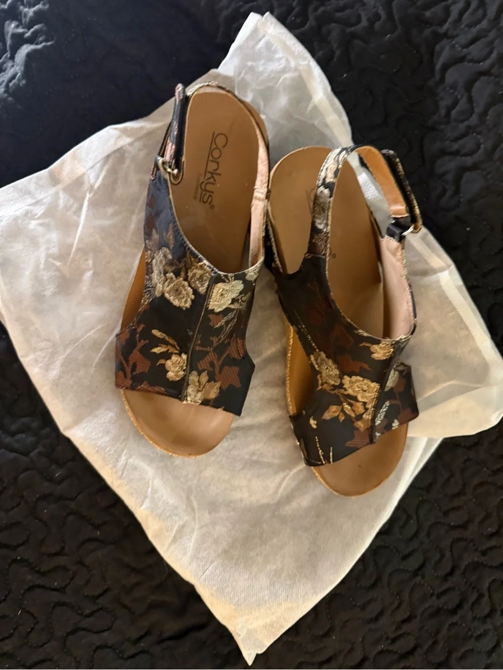 Corkys Black Floral Embroidered Slingback Wedge Sandals